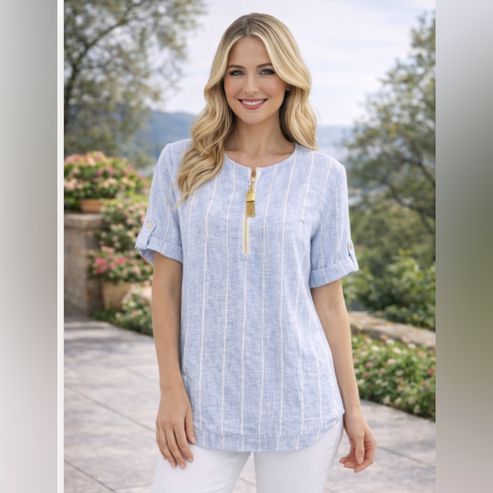 New Ellen Tracy Light Blue Striped Linen Blend Tunic with Gold Zip